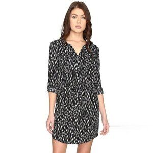 Soft Joie Cassina Black & Blue Ikat Pattern Tie Waist Shirt Mini Dress Tunic XS